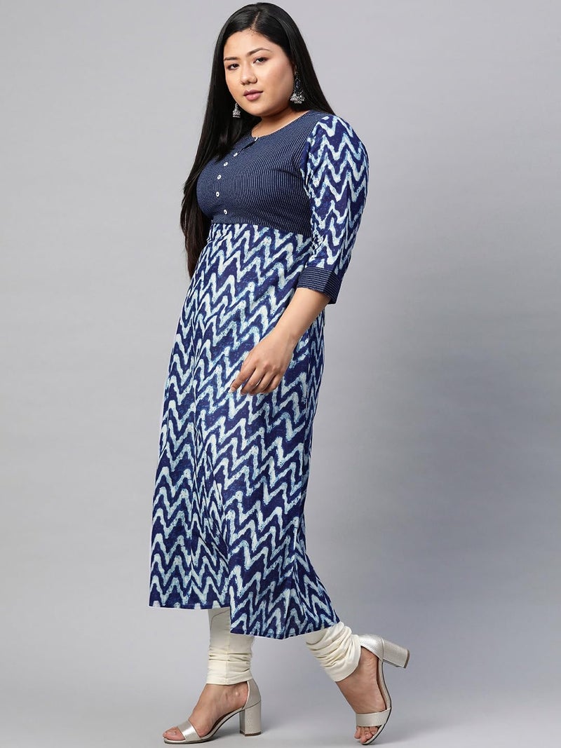 Yash Gallery Women's Plus Size Cotton Chevron Print 3/4 Sleeve Regular Fit Straight Kurta (Blue, XXL) - Image 3