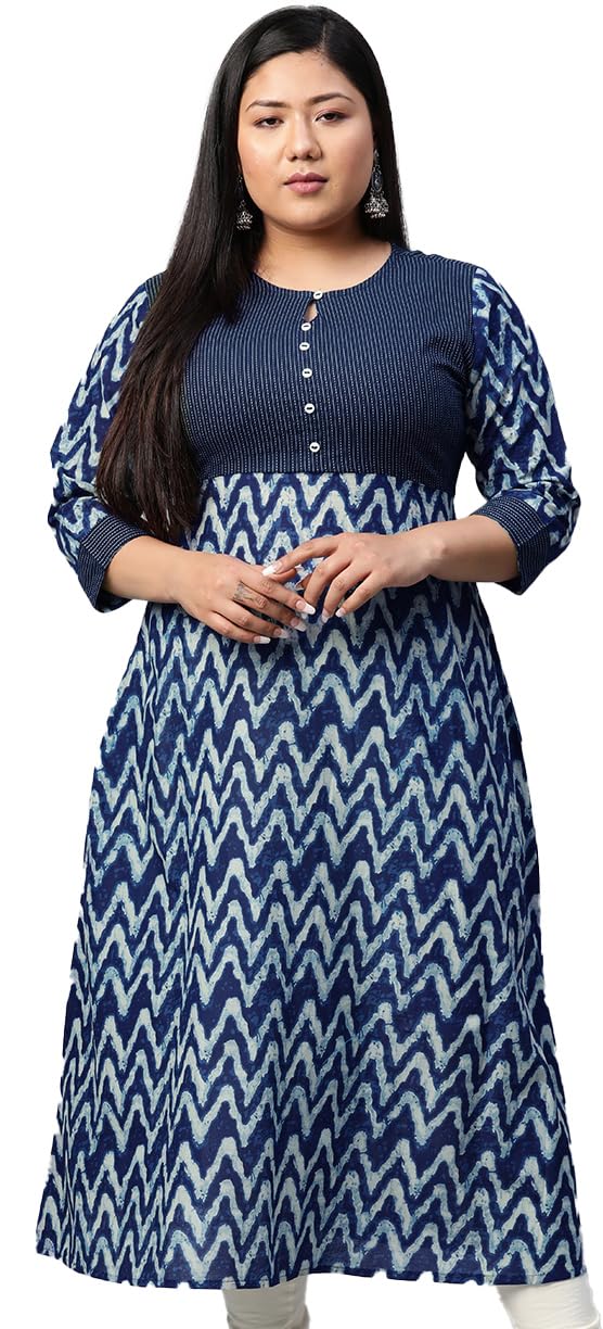 Yash Gallery Women's Plus Size Cotton Chevron Print 3/4 Sleeve Regular Fit Straight Kurta (Blue, XXL) - Image 1