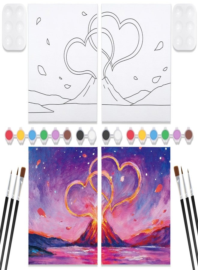 VOCHIC 2 Pack Sip and Paint Kit Pre Drawn Canvas for Painting for Adults Couples Date Night Games Outline Canvas Party Art Set Paints Brushes Pallets Valentine (8x10 Inches, Volcano and Heart) - Image 1