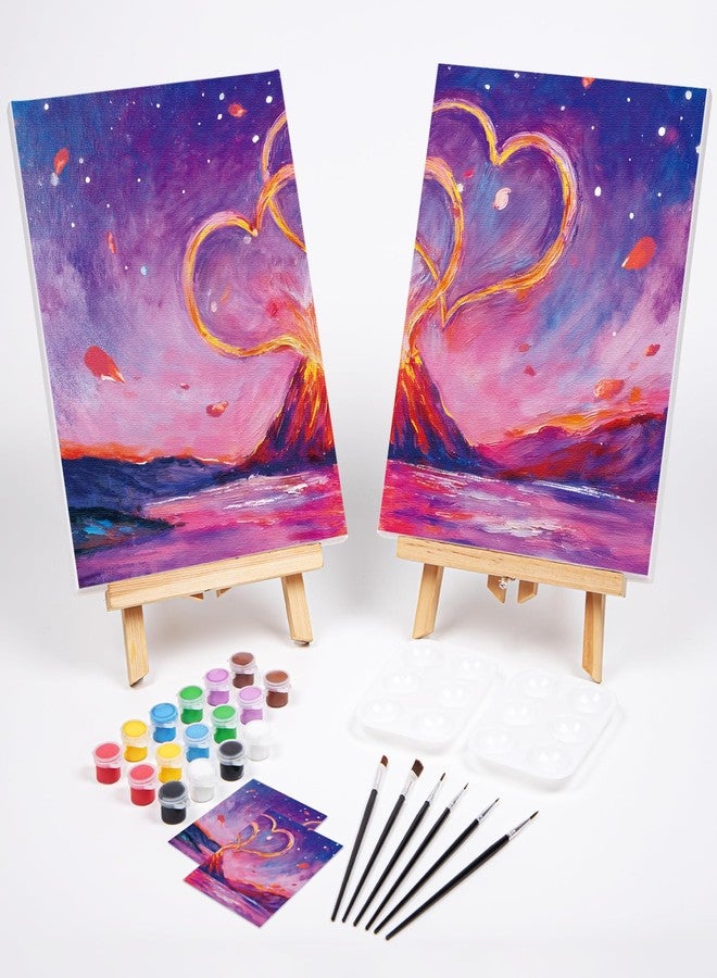 VOCHIC 2 Pack Sip and Paint Kit Pre Drawn Canvas for Painting for Adults Couples Date Night Games Outline Canvas Party Art Set Paints Brushes Pallets Valentine (8x10 Inches, Volcano and Heart) - Image 2