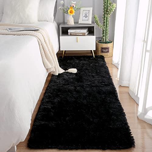 Chicrug Soft Runner Rugs for Bedroom Living Room Plush Fluffy Rug 2x6 Feet, Shag Furry Area Rug Carpet Non Shedding for Nursery Children Kids Girls Room Home Decorative, Black - Image 1