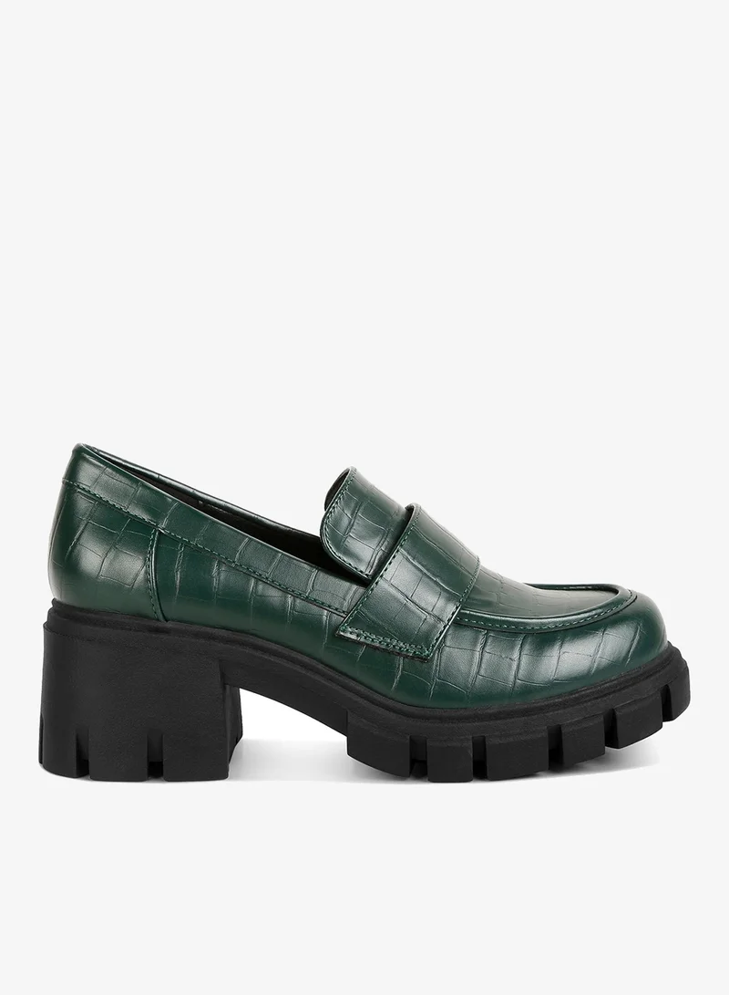 Dark Green Chunky Block Heel Loafers