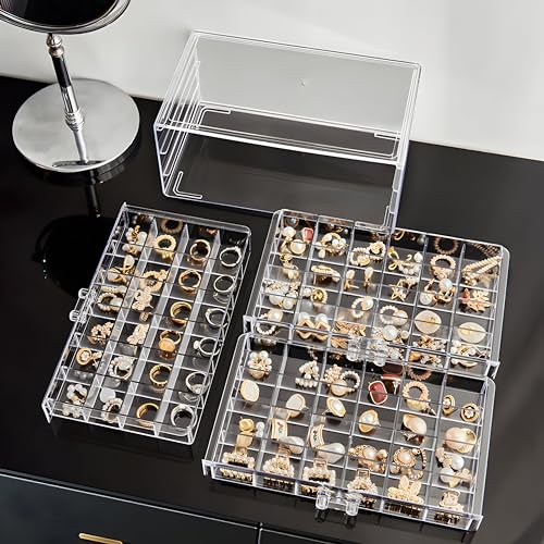 ELEVEN RINGS Jewellery Box Organisers For Women With 3 Drawers Each With 24 Grid For Keeping Earing, Rings, Necklace etc | Acrylic Earrings Organizer Box For Women (Transparent). (White) - Image 3