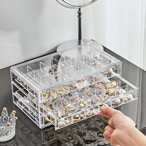 ELEVEN RINGS Jewellery Box Organisers For Women With 3 Drawers Each With 24 Grid For Keeping Earing, Rings, Necklace etc | Acrylic Earrings Organizer Box For Women (Transparent). (White) - Image 2