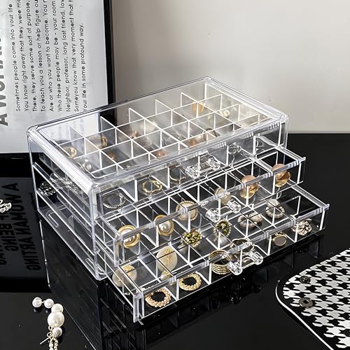 ELEVEN RINGS Jewellery Box Organisers For Women With 3 Drawers Each With 24 Grid For Keeping Earing, Rings, Necklace etc | Acrylic Earrings Organizer Box For Women (Transparent). (White) - Image 1