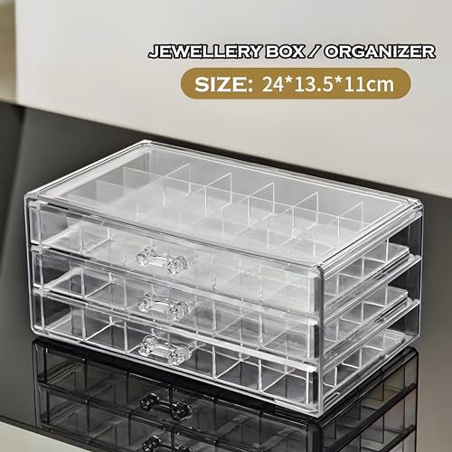 ELEVEN RINGS Jewellery Box Organisers For Women With 3 Drawers Each With 24 Grid For Keeping Earing, Rings, Necklace etc | Acrylic Earrings Organizer Box For Women (Transparent). (White) - Image 4