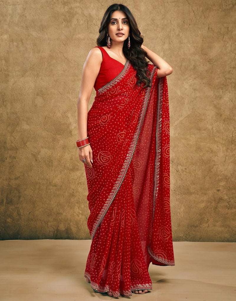 SIRIL Women's Georgette Bandhani Printed Saree With Unstitched Blouse Piece (4010S264_Dark Red) - Image 3