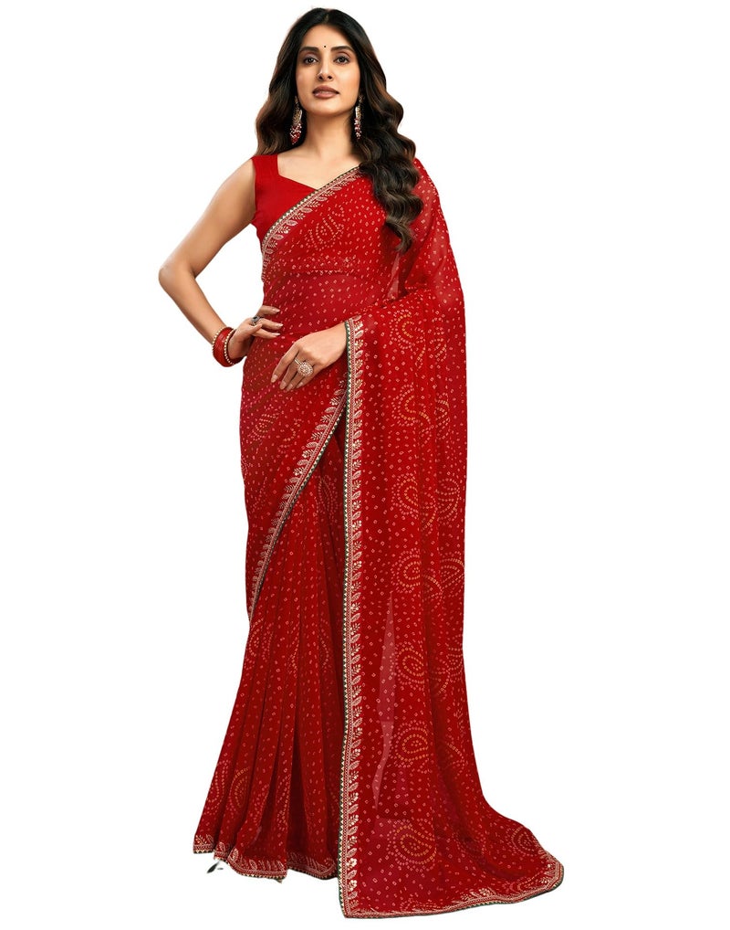 SIRIL Women's Georgette Bandhani Printed Saree With Unstitched Blouse Piece (4010S264_Dark Red) - Image 1