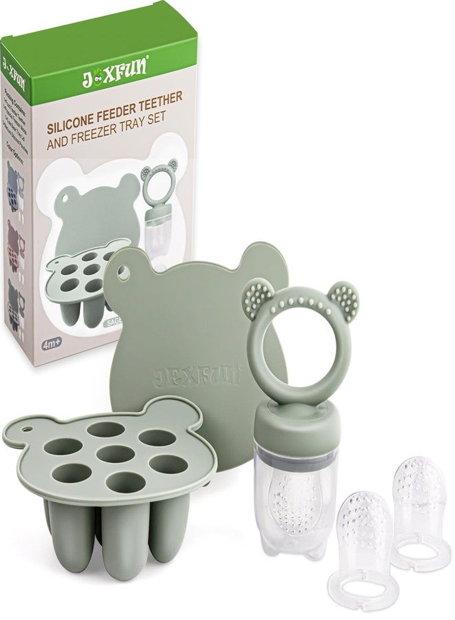 JEXFUN Silicone Baby Fruit Food Feeder & Mini Freezer Nibble Tray, Breastmilk Popsicle Molds for Baby Teething Relief, BPA Free Silicone Teething Toys Feeder for Safe Infant Self Feeding, Extra Food Pouches - Image 1