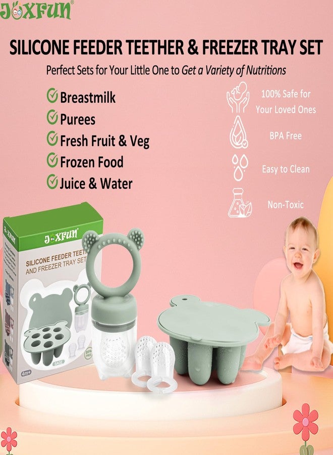JEXFUN Silicone Baby Fruit Food Feeder & Mini Freezer Nibble Tray, Breastmilk Popsicle Molds for Baby Teething Relief, BPA Free Silicone Teething Toys Feeder for Safe Infant Self Feeding, Extra Food Pouches - Image 2