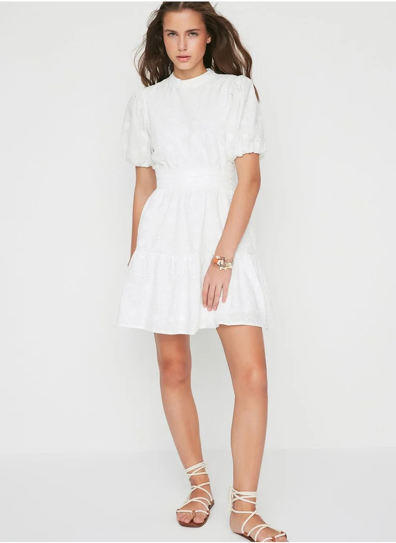 trendyol High Neck Balloon Sleeve Tiered Dress