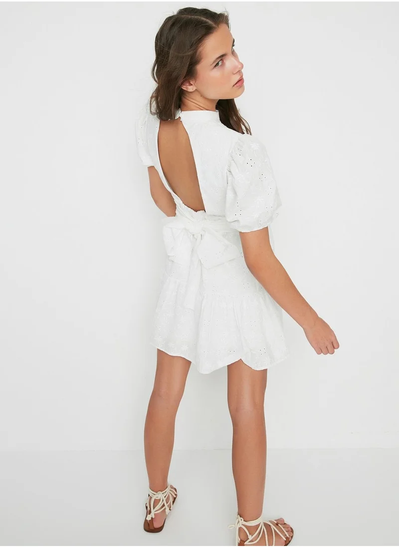 trendyol High Neck Balloon Sleeve Tiered Dress
