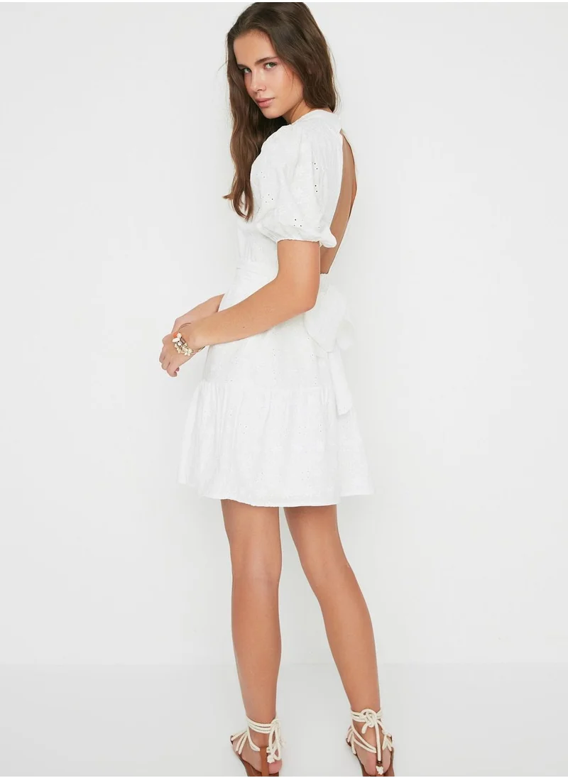 trendyol High Neck Balloon Sleeve Tiered Dress