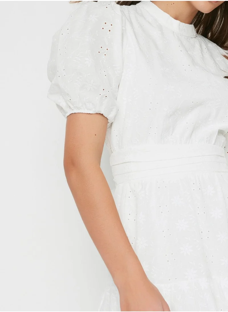 trendyol High Neck Balloon Sleeve Tiered Dress