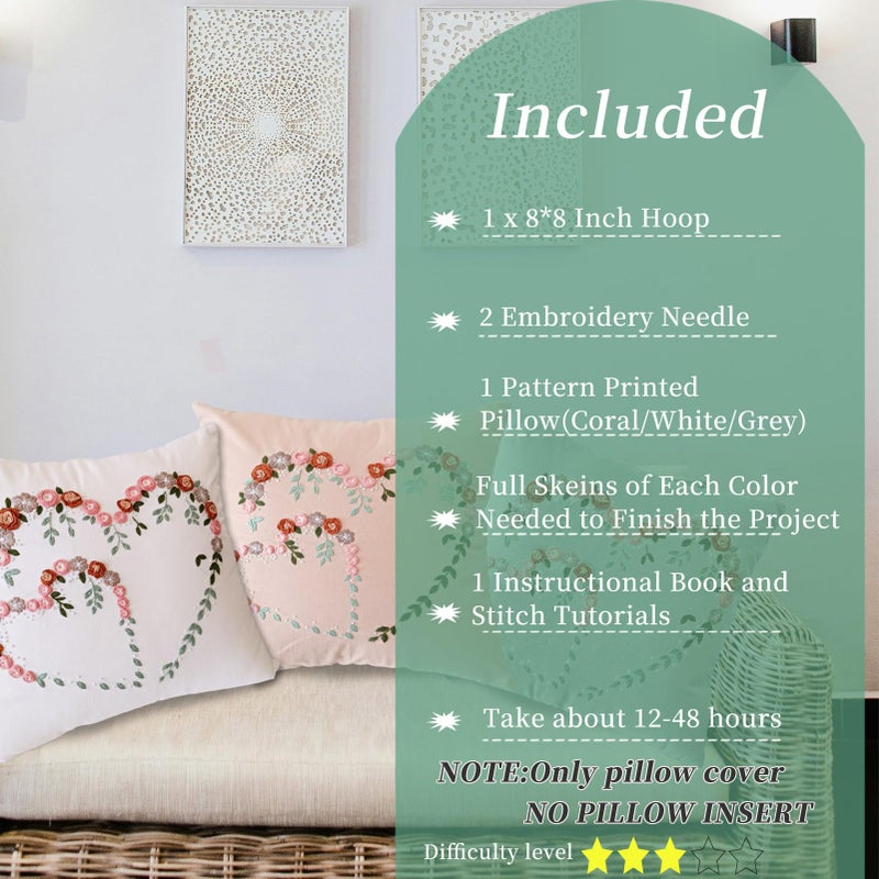 FONNUY Crewel Pillow Case Embroidery Kit, Heart Shaped Loving You Floral Stamped Pattern Kits for Audlt Beginners, Works Crafts Throw Pillow Cover Great Gift for Loved Ones, 18 x 18'' (Beige) - Image 5