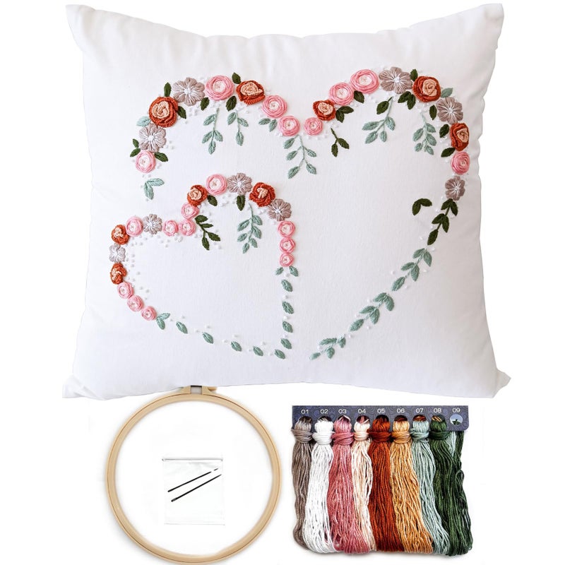 FONNUY Crewel Pillow Case Embroidery Kit, Heart Shaped Loving You Floral Stamped Pattern Kits for Audlt Beginners, Works Crafts Throw Pillow Cover Great Gift for Loved Ones, 18 x 18'' (Beige) - Image 1