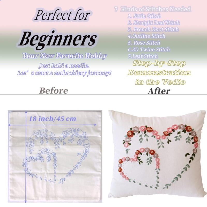 FONNUY Crewel Pillow Case Embroidery Kit, Heart Shaped Loving You Floral Stamped Pattern Kits for Audlt Beginners, Works Crafts Throw Pillow Cover Great Gift for Loved Ones, 18 x 18'' (Beige) - Image 4