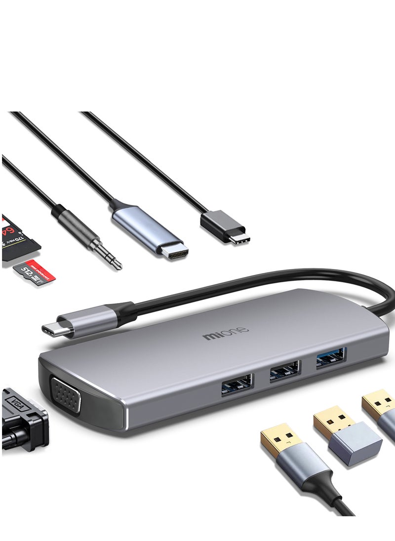 MiOne - 9 in 1 USB Hub Multi-port Supports Fast Charging Grey - Image 1