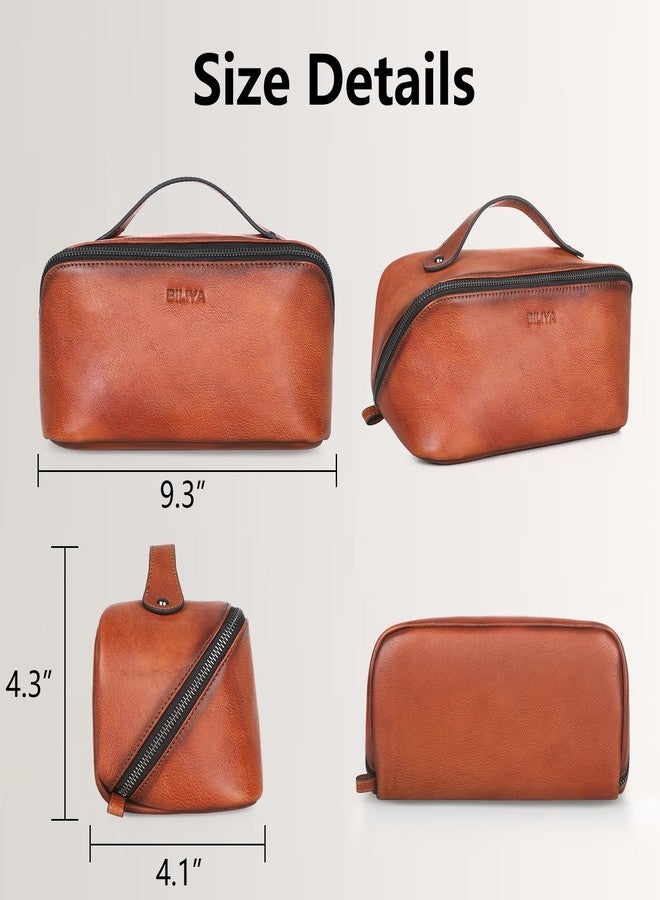 BILIYA Hand Rubbed Genuine Leather Makeup Bag Vintage Brown Cowhide Cosmetic Case with Handle Handmade Travel Organizer for Women - Image 3