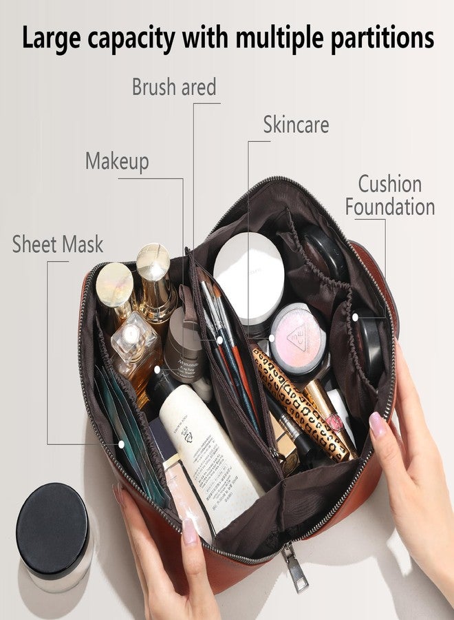 BILIYA Hand Rubbed Genuine Leather Makeup Bag Vintage Brown Cowhide Cosmetic Case with Handle Handmade Travel Organizer for Women - Image 2