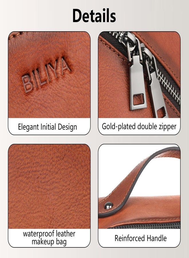 BILIYA Hand Rubbed Genuine Leather Makeup Bag Vintage Brown Cowhide Cosmetic Case with Handle Handmade Travel Organizer for Women - Image 4