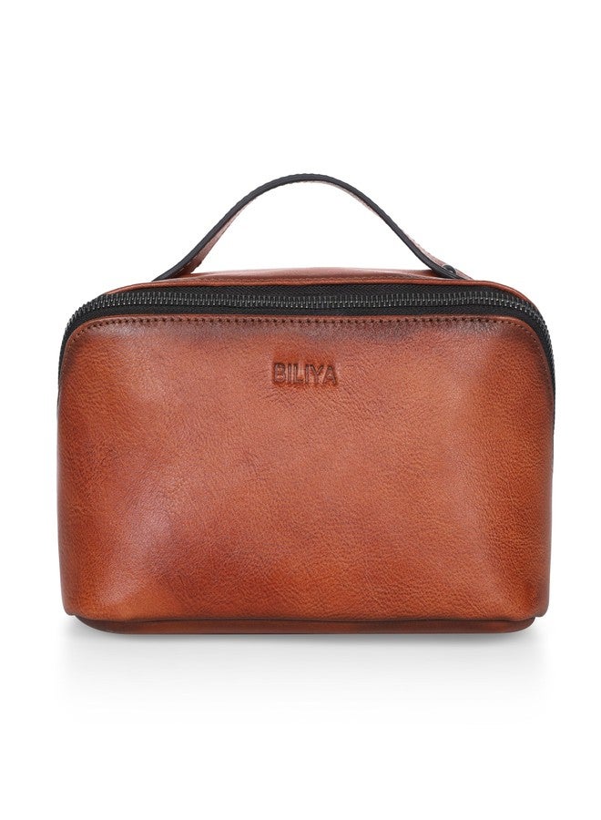 BILIYA Hand Rubbed Genuine Leather Makeup Bag Vintage Brown Cowhide Cosmetic Case with Handle Handmade Travel Organizer for Women - Image 1
