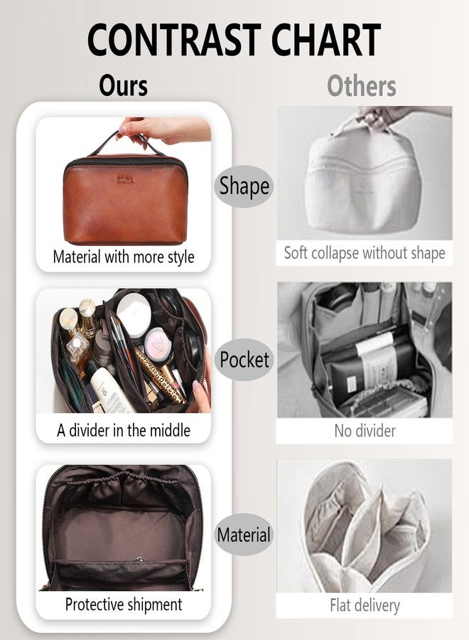 BILIYA Hand Rubbed Genuine Leather Makeup Bag Vintage Brown Cowhide Cosmetic Case with Handle Handmade Travel Organizer for Women - Image 5