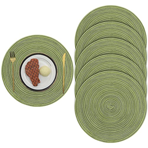Pauwer 38cm15inch Woven Round 6 Pieces Placemats Heat Insulation non slip Braided Cotton Dinner Table Mats Washable Place Mats for Home Party Wedding Restaurant Green