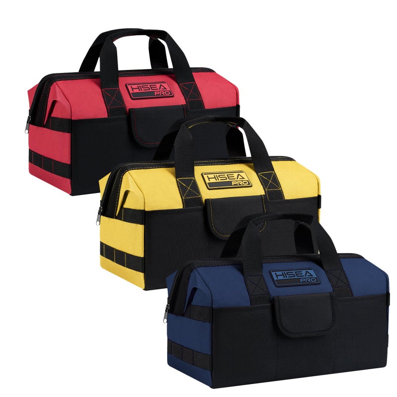 HISEA 3 Pack Heavy Duty Tool Bag with Storage Pockets 13Inch Tools Organizer Tote with Wide Base Waterproof Durable Tool Bags with Zipper for Electrician Tradesman Red Yellow Blue - Image 2