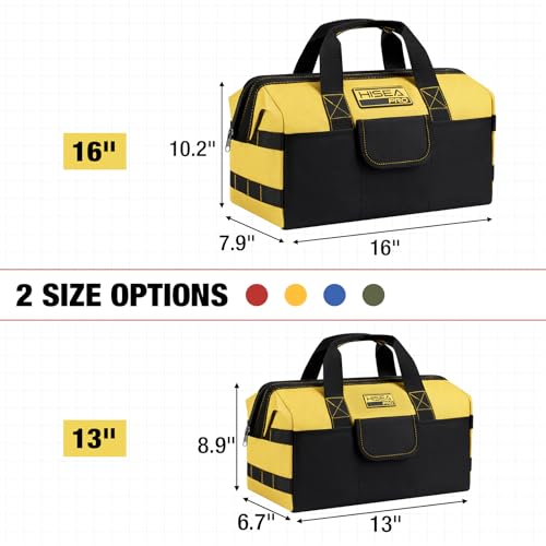 HISEA 3 Pack Heavy Duty Tool Bag with Storage Pockets 13Inch Tools Organizer Tote with Wide Base Waterproof Durable Tool Bags with Zipper for Electrician Tradesman Red Yellow Blue - Image 3