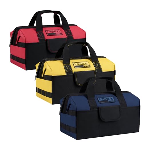 HISEA 3 Pack Heavy Duty Tool Bag with Storage Pockets 13Inch Tools Organizer Tote with Wide Base Waterproof Durable Tool Bags with Zipper for Electrician Tradesman Red Yellow Blue - Image 1