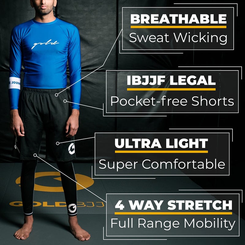 Gold BJJ Jiu Jitsu Shorts - IBJJF Approved No Gi Fight Short - for Grappling, MMA, Wrestling, Muay Thai & Boxing (Black, Large) - Image 2