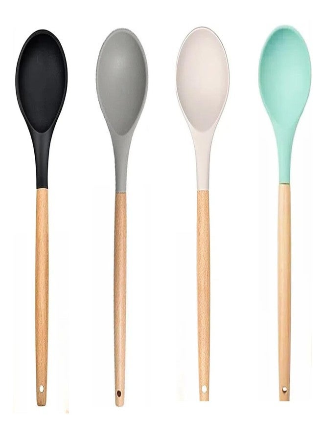 LorisArm Wooden Handle Silicone Spoon, 12" Rubber Spoon 4-Pack Nonstick Stirring Spoons for Baking Cooking and Mixing, Kitchen Serving Spoons (Grey, Green, White, Black). - Image 1