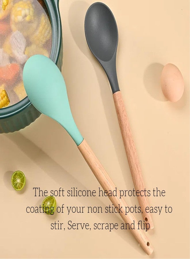 LorisArm Wooden Handle Silicone Spoon, 12" Rubber Spoon 4-Pack Nonstick Stirring Spoons for Baking Cooking and Mixing, Kitchen Serving Spoons (Grey, Green, White, Black). - Image 4