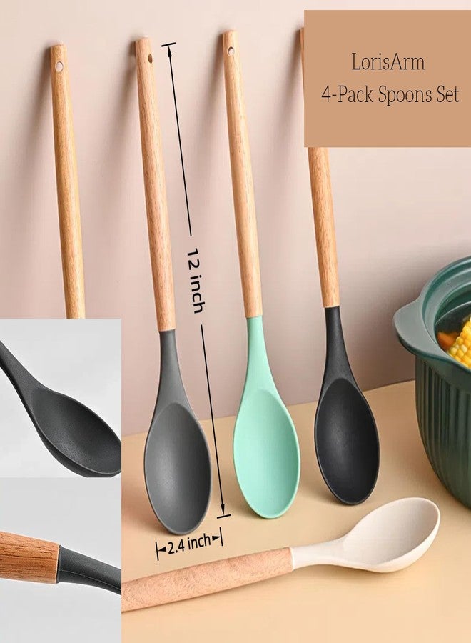 LorisArm Wooden Handle Silicone Spoon, 12" Rubber Spoon 4-Pack Nonstick Stirring Spoons for Baking Cooking and Mixing, Kitchen Serving Spoons (Grey, Green, White, Black). - Image 5