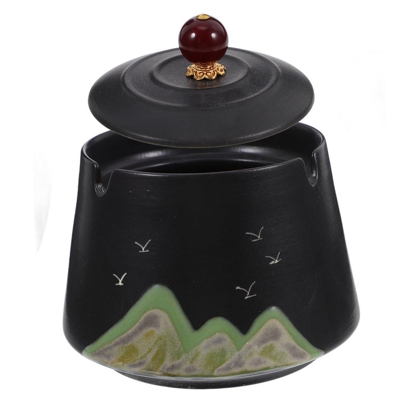 Hand Painted Ceramic Ashtray With Lid Windproof Pottery Ash Bucket For Smokers Interior And Exterior Use - Image 2