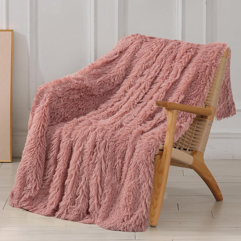 Tuddrom Decorative Extra Soft Fuzzy Faux Fur Throw Blanket 50"" x 60"" Solid Reversible Long Hair Shaggy Blanket Fluffy Cozy Plush Comfy Microfiber Fleece Blankets for Couch Sofa Bedroom Peach Whip - Image 1