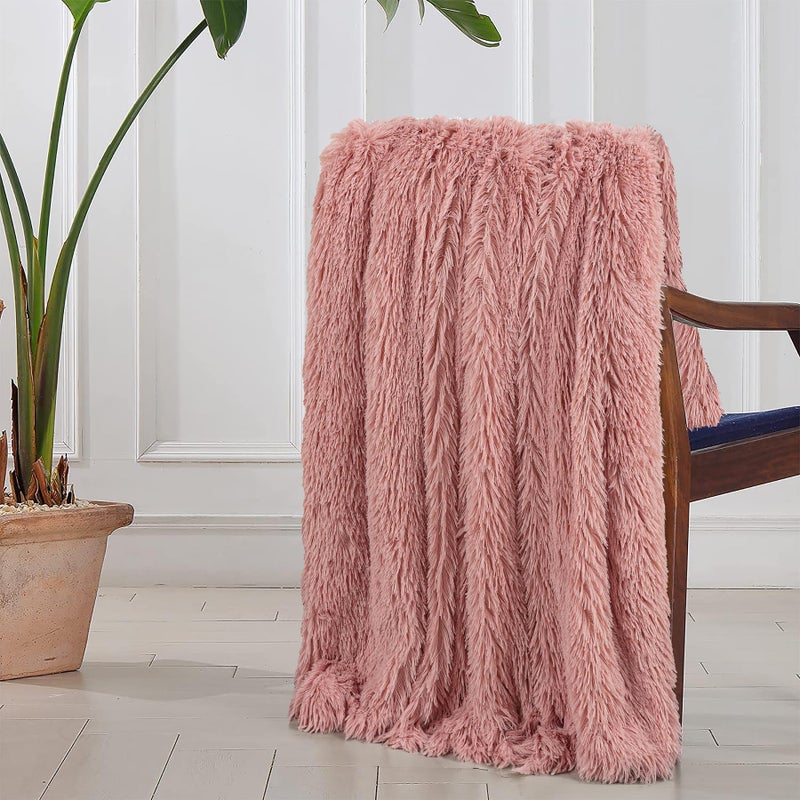 Tuddrom Decorative Extra Soft Fuzzy Faux Fur Throw Blanket 50"" x 60"" Solid Reversible Long Hair Shaggy Blanket Fluffy Cozy Plush Comfy Microfiber Fleece Blankets for Couch Sofa Bedroom Peach Whip - Image 5