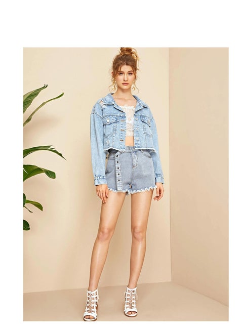 Fashionable burred denim short jacket for women Blue