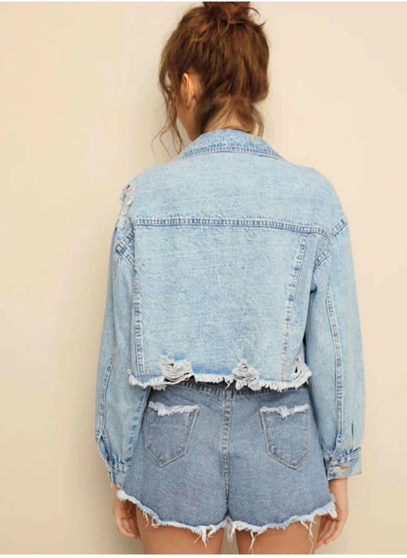 Loquat - Fashionable burred denim short jacket for women Blue - Image 1