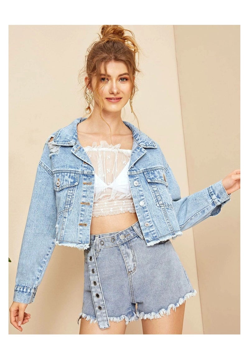 Loquat - Fashionable burred denim short jacket for women Blue - Image 1