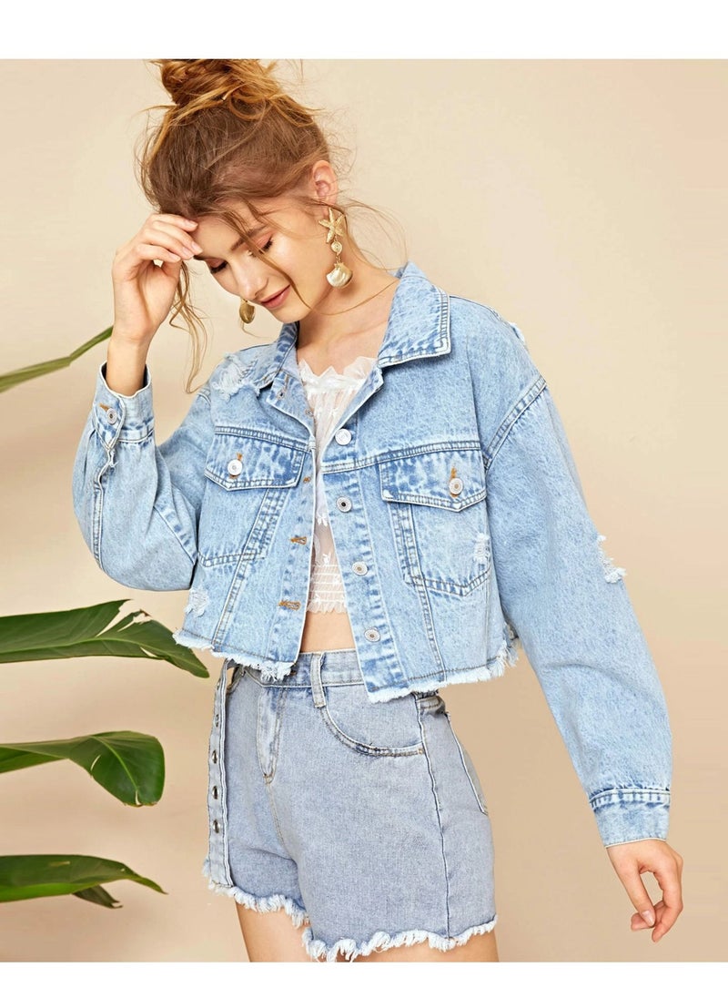 Loquat - Fashionable burred denim short jacket for women Blue - Image 1