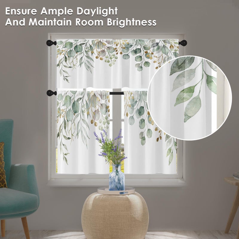 Emvency Spring Leaves Kitchen Window Curtains Valance and Tier Set 36 Inch, Green Eucalyptus Leaves 3 Piece Set Short Curtains, Summer Window Treatment Tiers for Living Room Bedroom - Image 4