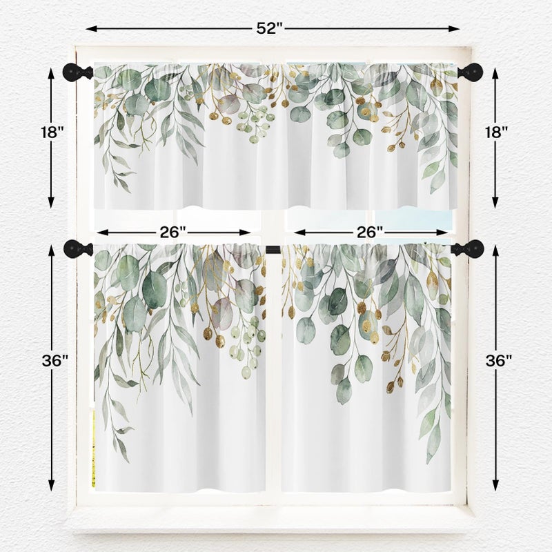 Emvency Spring Leaves Kitchen Window Curtains Valance and Tier Set 36 Inch, Green Eucalyptus Leaves 3 Piece Set Short Curtains, Summer Window Treatment Tiers for Living Room Bedroom - Image 3