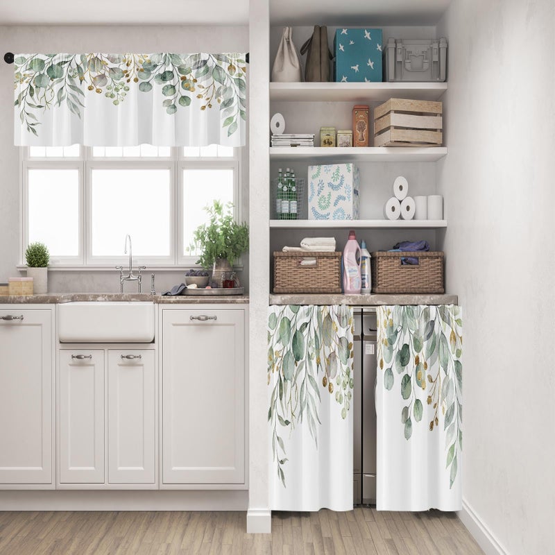 Emvency Spring Leaves Kitchen Window Curtains Valance and Tier Set 36 Inch, Green Eucalyptus Leaves 3 Piece Set Short Curtains, Summer Window Treatment Tiers for Living Room Bedroom - Image 2
