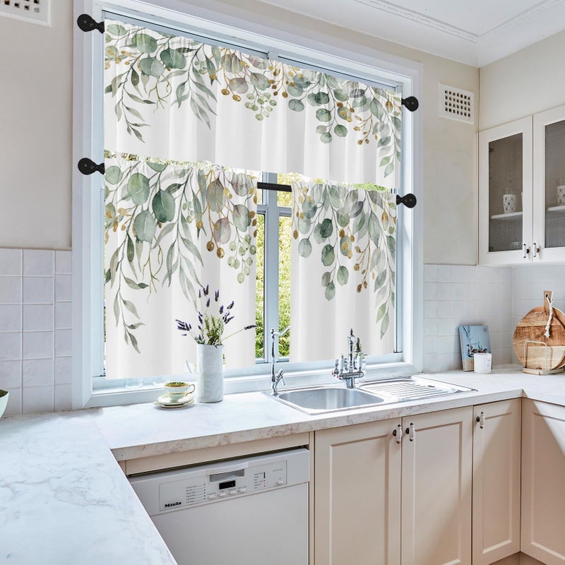 Emvency Spring Leaves Kitchen Window Curtains Valance and Tier Set 36 Inch, Green Eucalyptus Leaves 3 Piece Set Short Curtains, Summer Window Treatment Tiers for Living Room Bedroom - Image 5