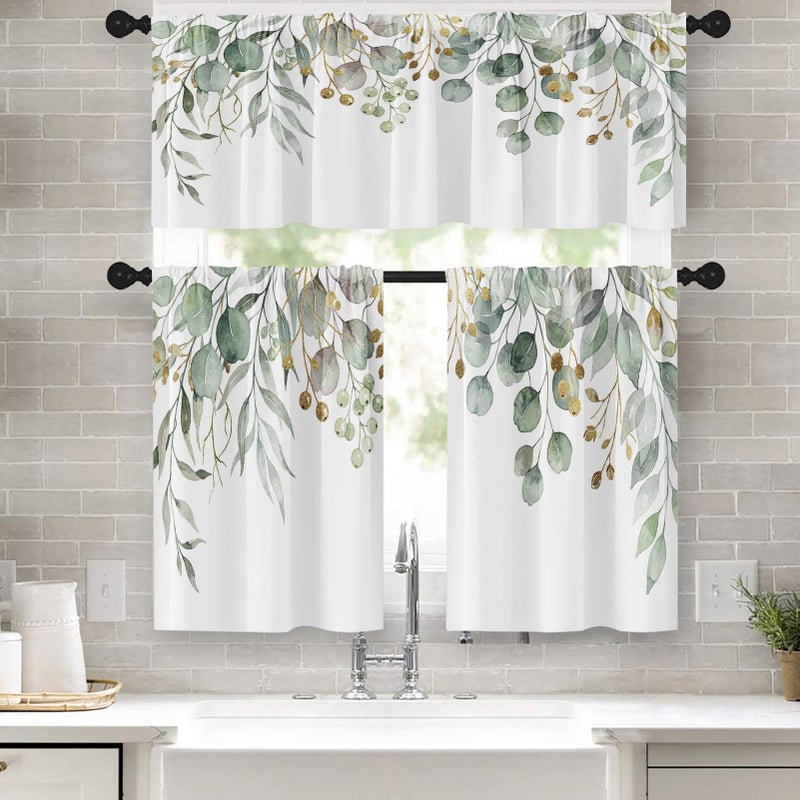 Emvency Spring Leaves Kitchen Window Curtains Valance and Tier Set 36 Inch, Green Eucalyptus Leaves 3 Piece Set Short Curtains, Summer Window Treatment Tiers for Living Room Bedroom - Image 1