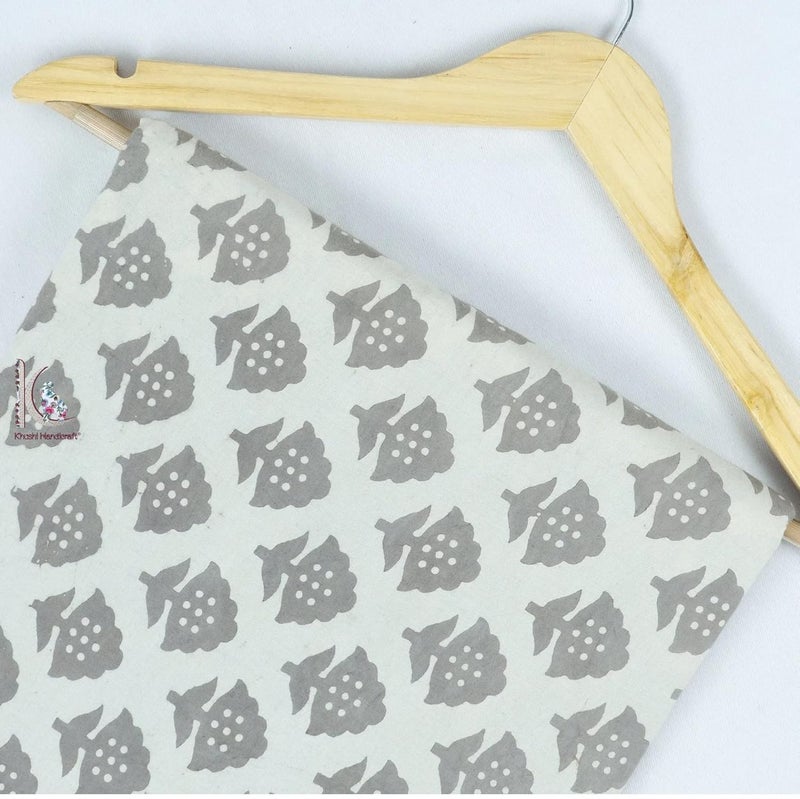 Kashish Floral Pattern Handblock Printe Cotton Fabric Unstitched 100 Cotton Kashish Fabric Cloth for Kurti Tops and More Dresses 3 Meter Grey Flower - Image 1