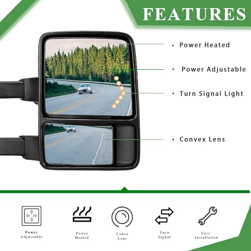 PZ TOWING MIRROR Left & Right PAIR SET For 99-07 F250/F350/F450/F550 Super Duty, 01-05 Excursion Power Heated with Arrow Light, Smoke Signal Lamp, Extendable Side Mirrors Driver Passenger - Image 2