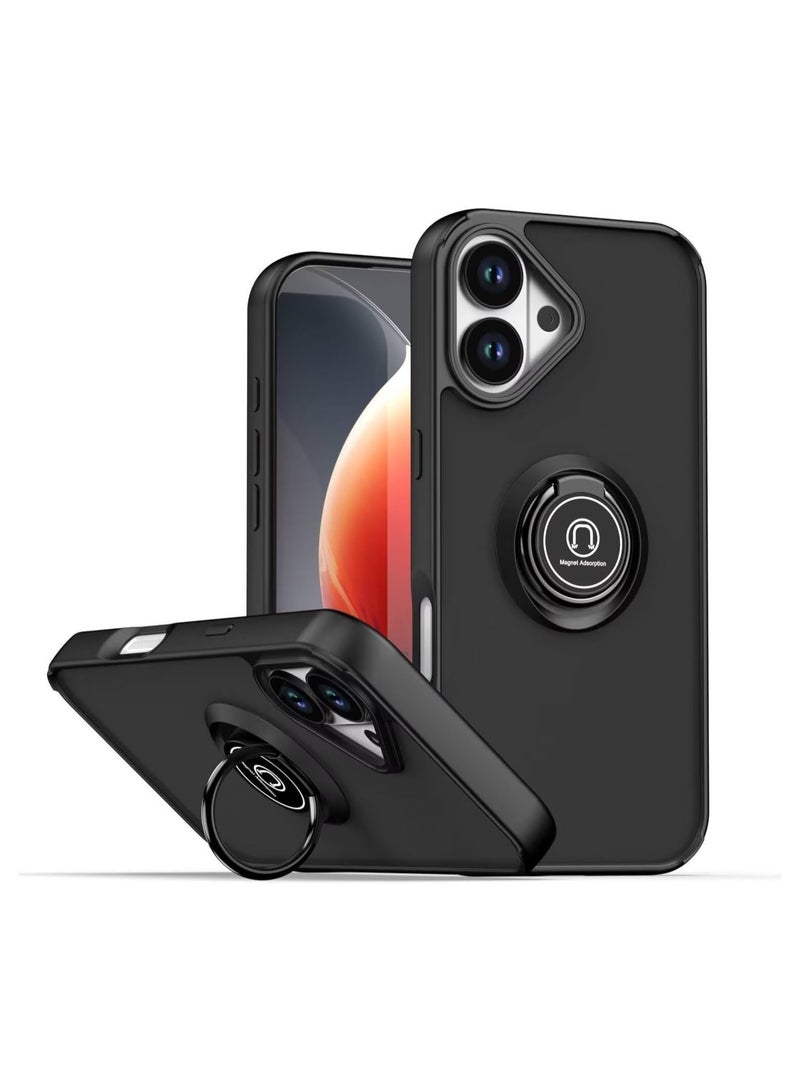 حافظة لهاتف آيفون 17 غطاء مع حامل حلقة معدنية قبضة قاعدة وقوف مغناطيسية للسيارة مضادة للصدمات خلفية صلبة غير لامعة لحافظة آيفون 17 2025 5G باللون الأسود